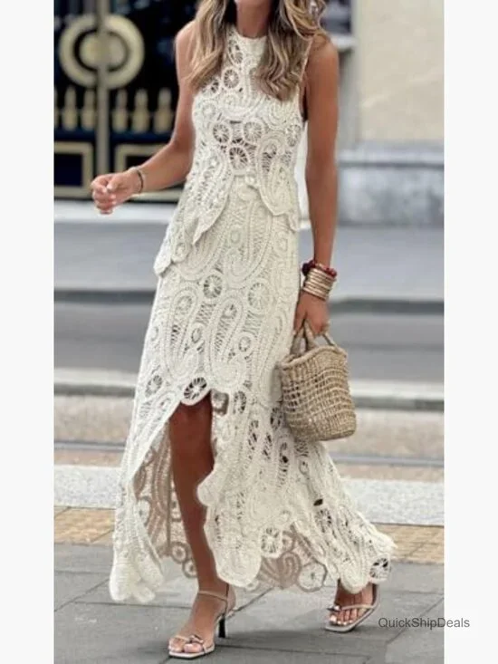 Crochet Knit Two Piece Skirt Set Sleeveless Tank Slim Fit - Picture 2 of 6